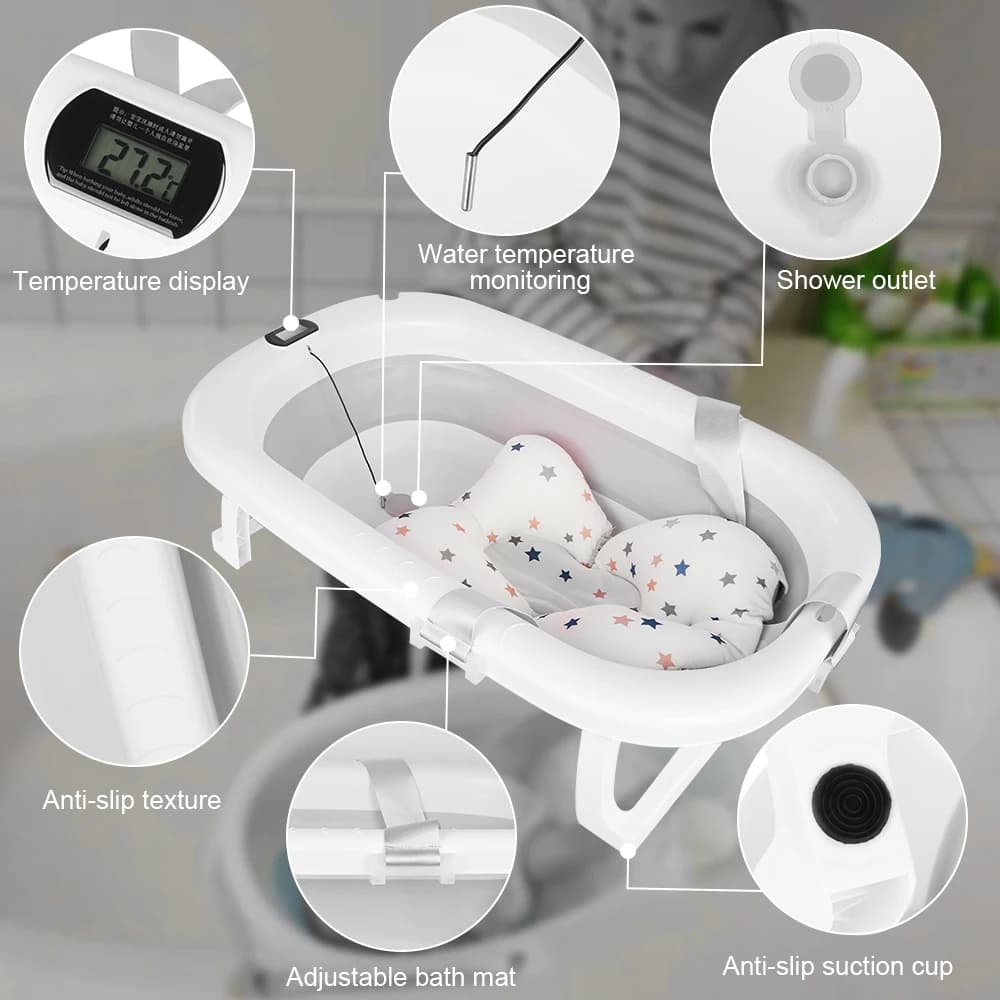 Baignoire pliable pour bébé avec tapis de bain, baignoire pour bébé avec thermomètre intégré, baigno