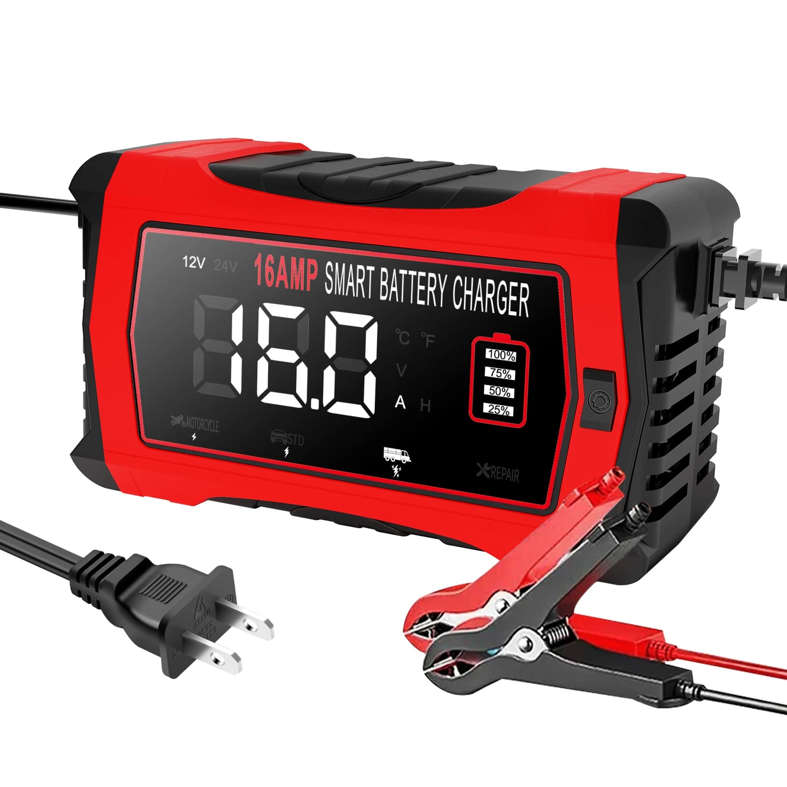 Chargeur de batterie de voiture universel 6V 12V 24V 16a, réparation intelligente, chargeur de moto 