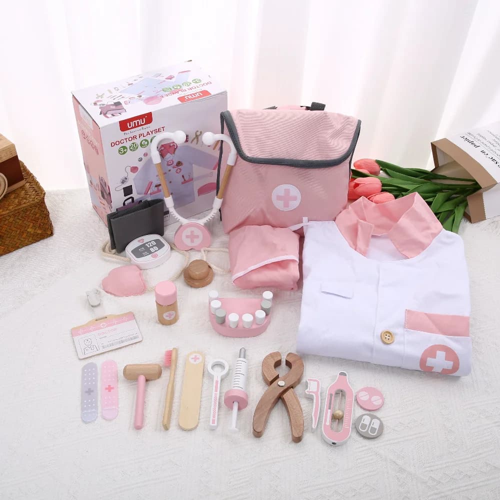 Maison en bois pour enfants, kit de médecin, boîte de médecine médicale de simulation, stéthoscope d
