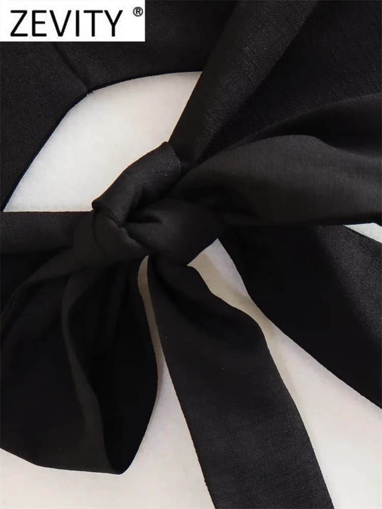 Zevity femmes Sexy sans manches dos nu nœud noué noir licou Blouse Femme sangle croisée chemise cour