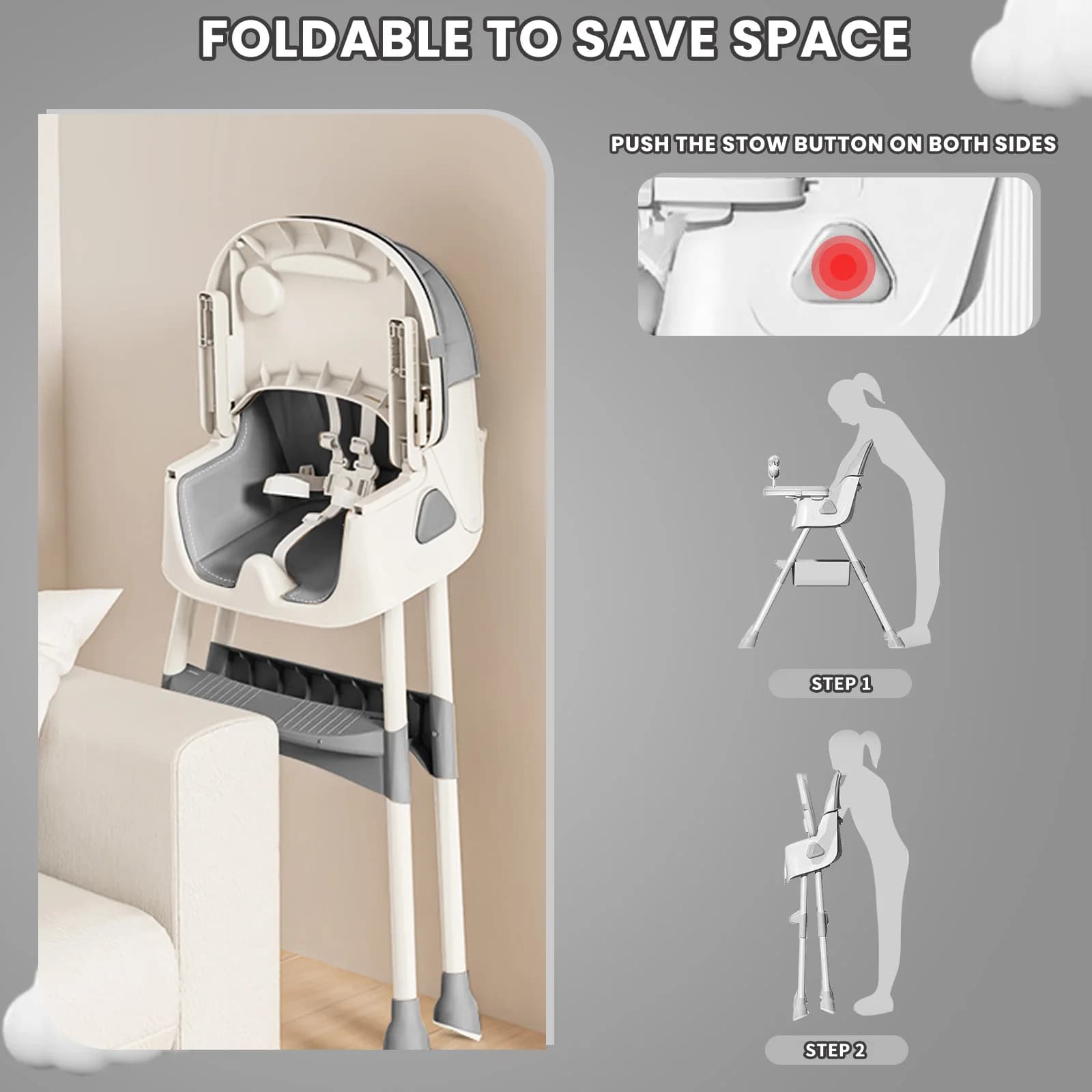 Chaise haute pliable pour bébé de 6 mois plus, avec grand coussin antidérapant et support à jouets, 