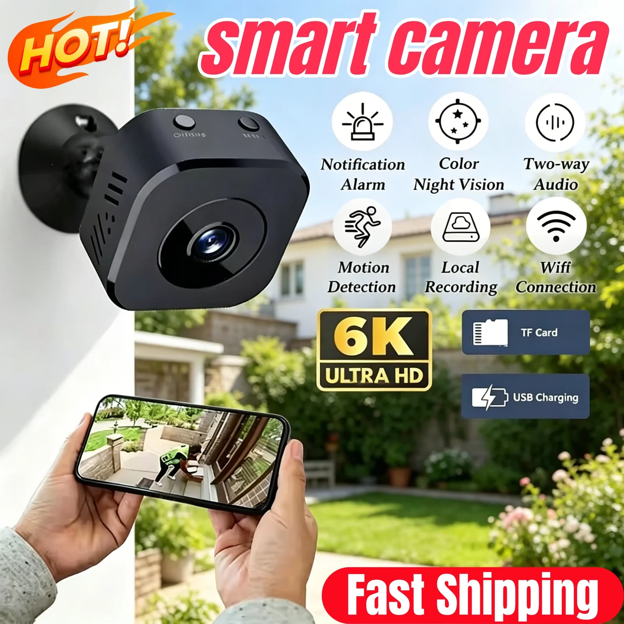 Nouvelle mini caméra de sécurité WiFi 6K, caméra de surveillance Full HD, audio bidirectionnel, déte