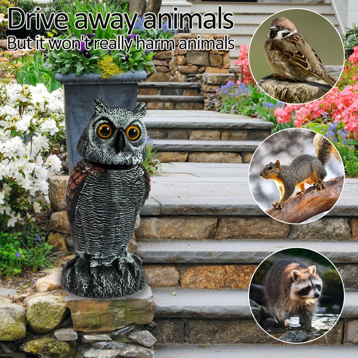 Leurre de hibou effrayant, faux hibou, dispositifs de contrôle des oiseaux avec tête rotative et lum