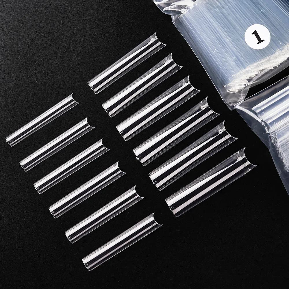 Faux ongles longs en forme de cercueil/carré en acrylique, demi-couverture, pointes droites et incur