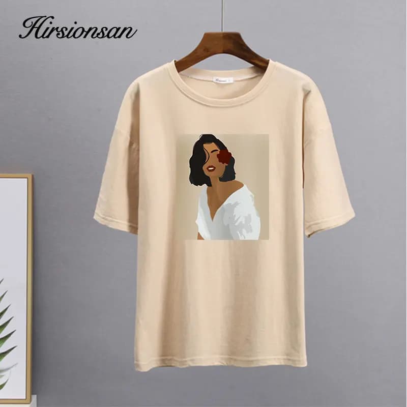 Hirsionsan – t-shirt à manches courtes pour femmes, Simple, en coton doux, avec figurines esthétique