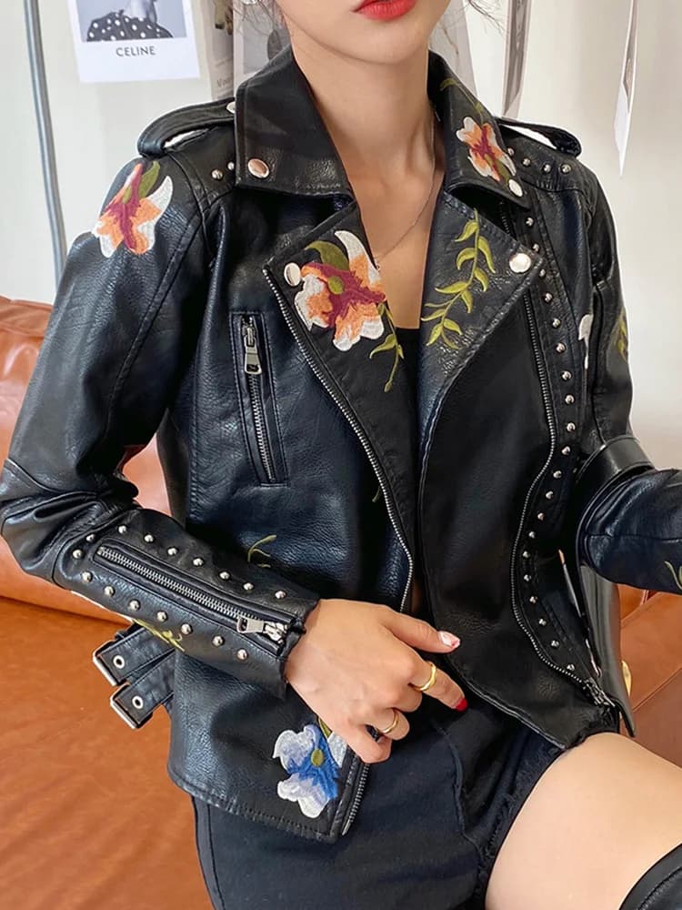 Ailegogo femmes Vintage Floral imprimé brodé Court Noir pu similicuir veste printemps automne femmes