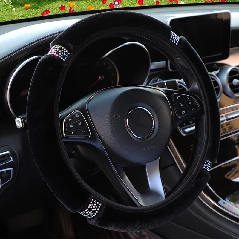 Housse de volant de voiture universelle en peluche douce avec strass de 37 à 38cm de diamètre, acces