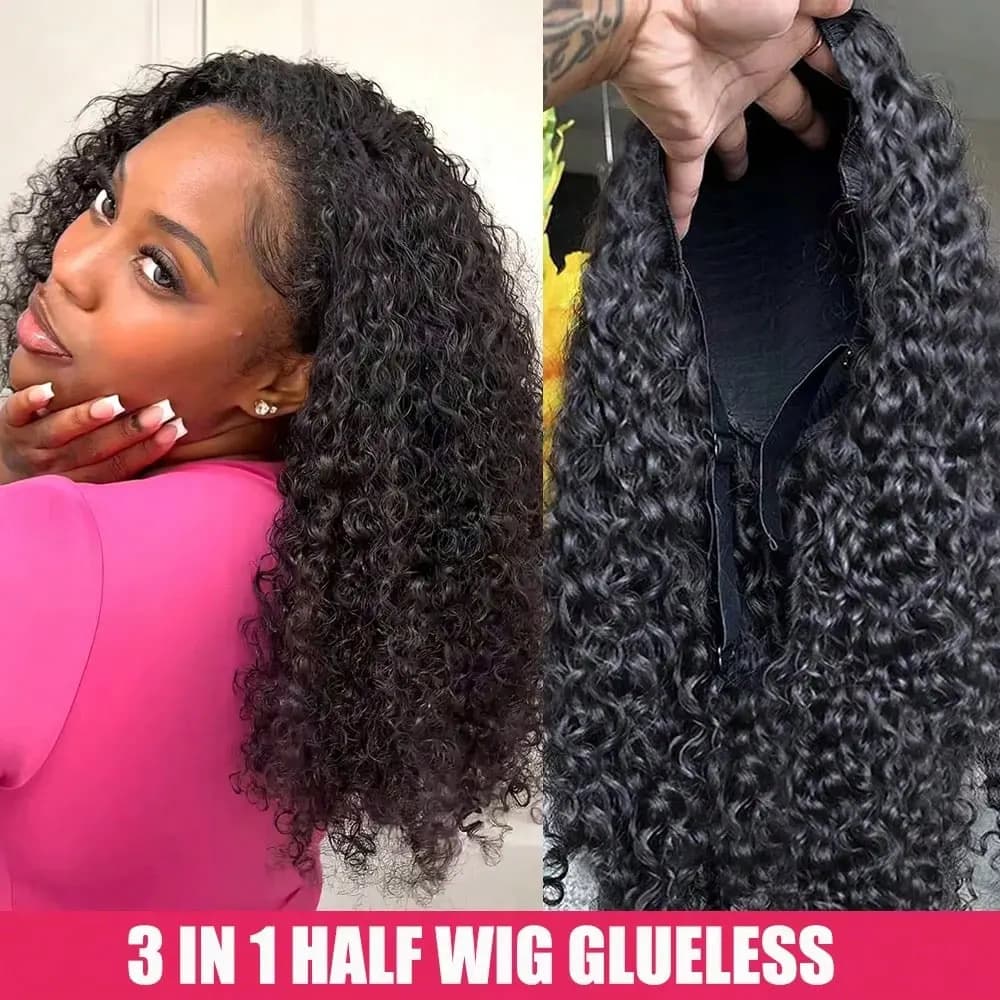 Jerry bouclés demi perruque cheveux humains sans couture crépus bouclés 3 en 1 demi perruque sans co
