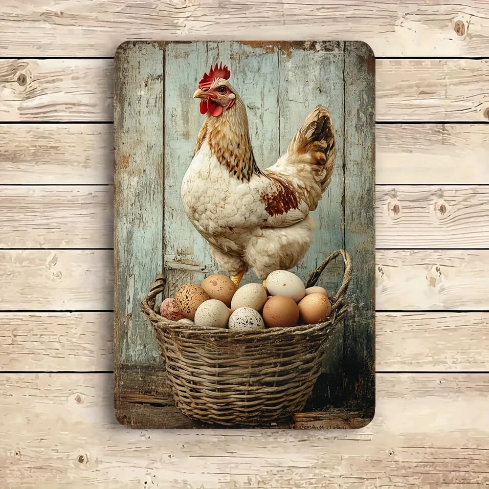Panneau décoratif vintage 2026 - Art mural en métal rustique avec coq et panier d'œufs, décoration d