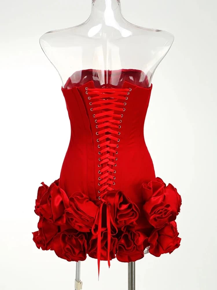 VC robe de noël sans bretelles dos nu rouge structuré Floral embelli Mini longueur moulante célébrit