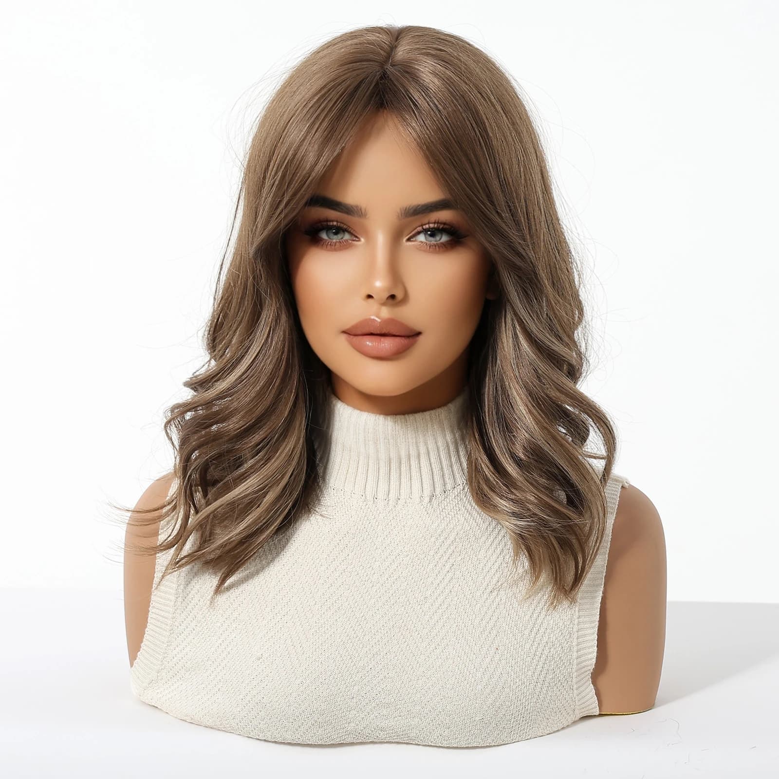 Perruque synthétique marron miel, perruques courtes ondulées avec frange avec raie moyenne, perruque