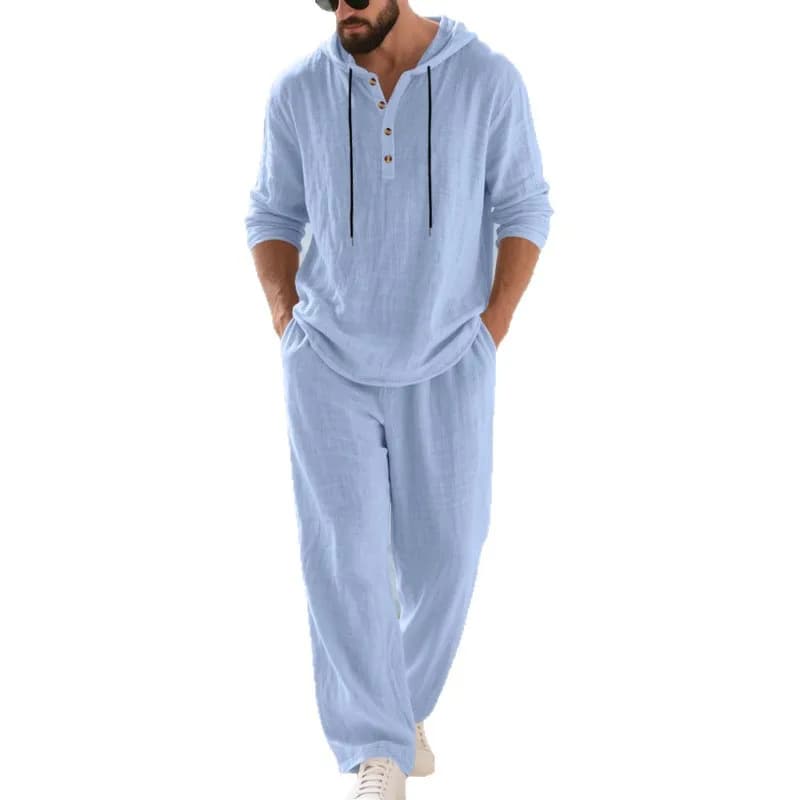 Costume décontracté en lin pour hommes, chemise Henley ample à capuche, pantalon à manches longues, 