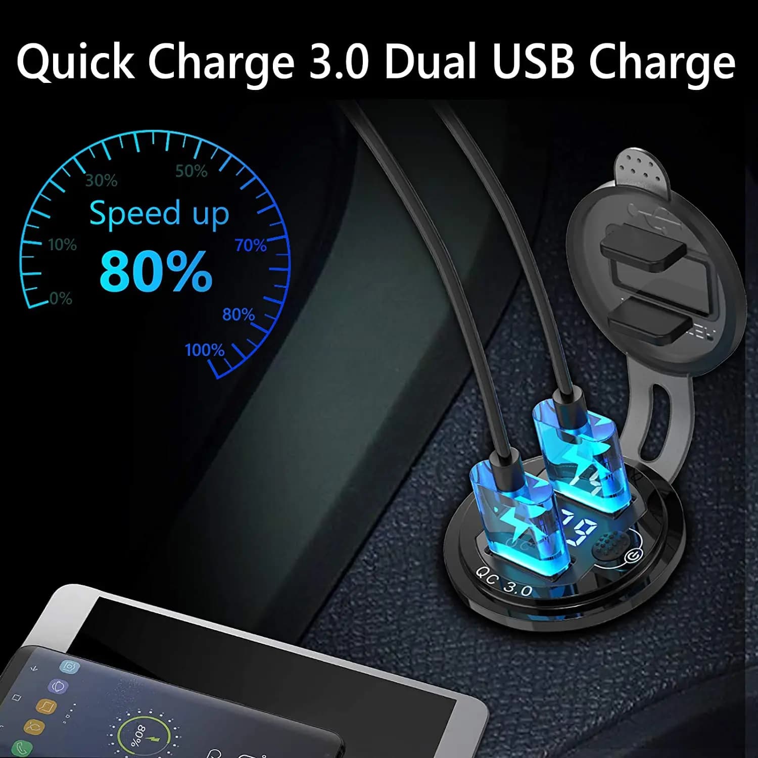 Adaptateur de chargeur automatique QC3.0 36W étanche avec interrupteur de voltmètre, prise de charge