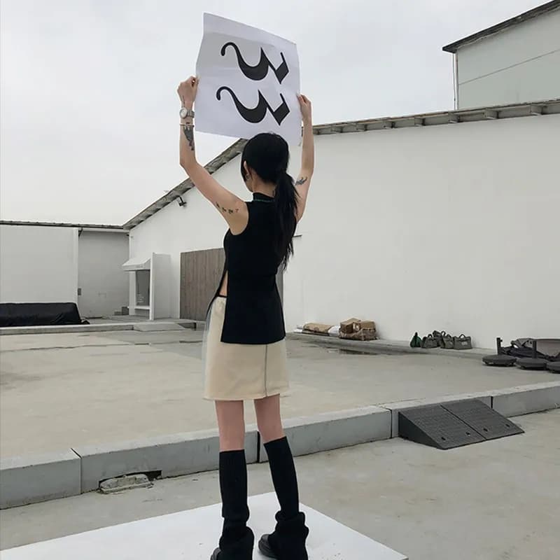 Karrcat Yamamoto Style débardeur noir Grunge gothique col roulé hauts Cyber Y2k Chic vêtements de cr