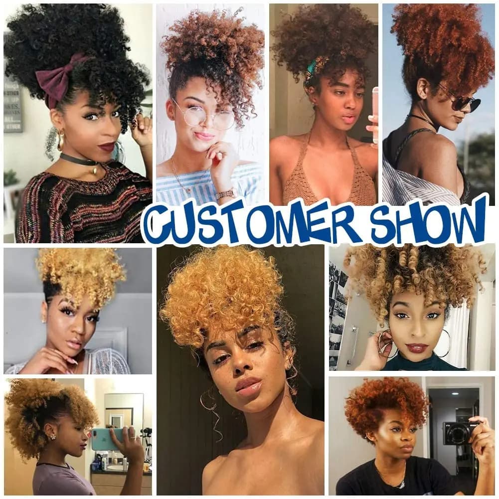 Afro Puff Kinky Curly Hair, Updo Ponytail Extension with Bangs Proximity Wstring Ponytail for Women,