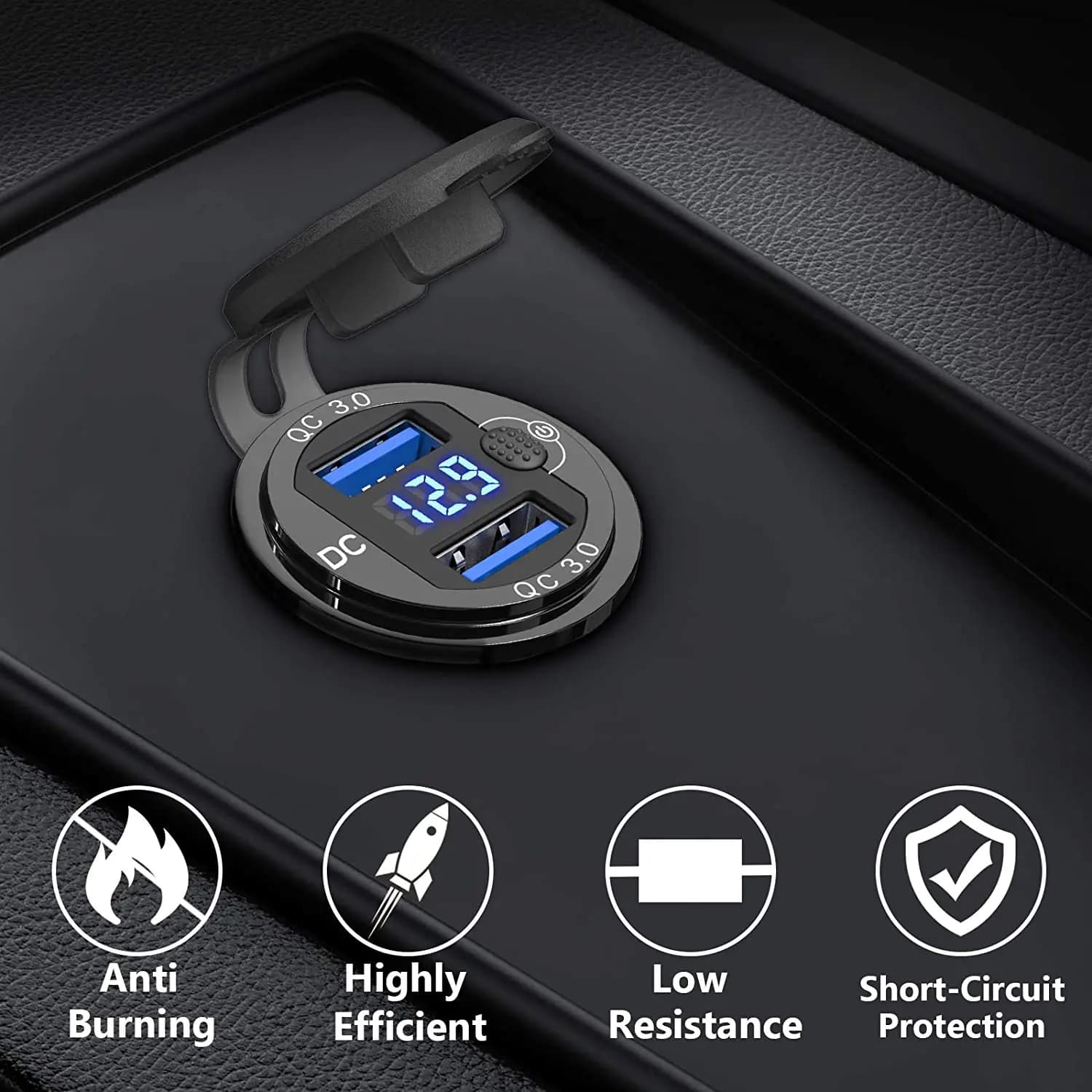 Adaptateur de chargeur automatique QC3.0 36W étanche avec interrupteur de voltmètre, prise de charge