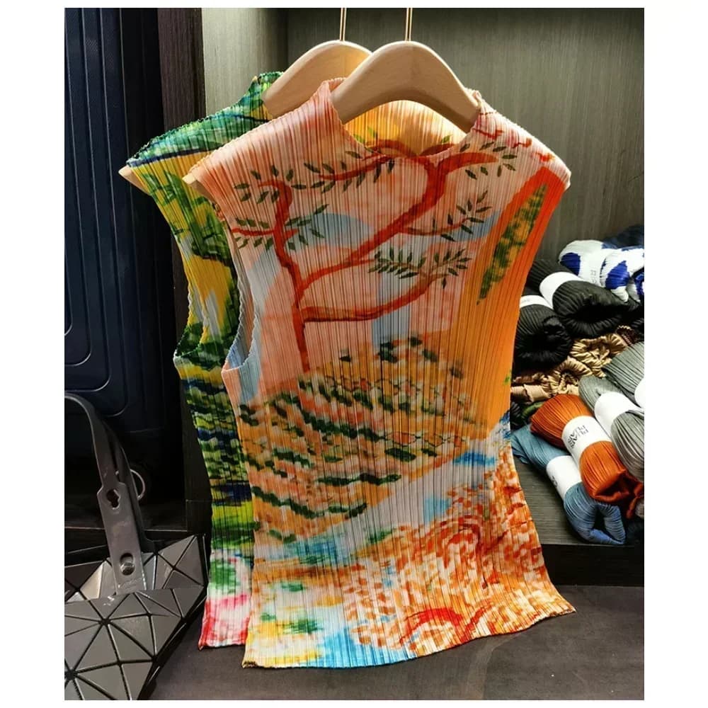 Plisceaux conception originale T-shirt 2025 été plissé fleur imprimé hauts décontracté mode apparaît