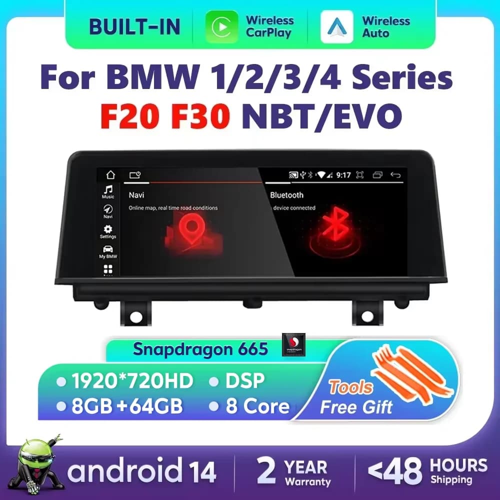 Carplay sans fil Android 14 pour BMW F20 F30 F21 F22 F31 F32 F33 F34 F36 NBT EVO Lecteur multimédia 