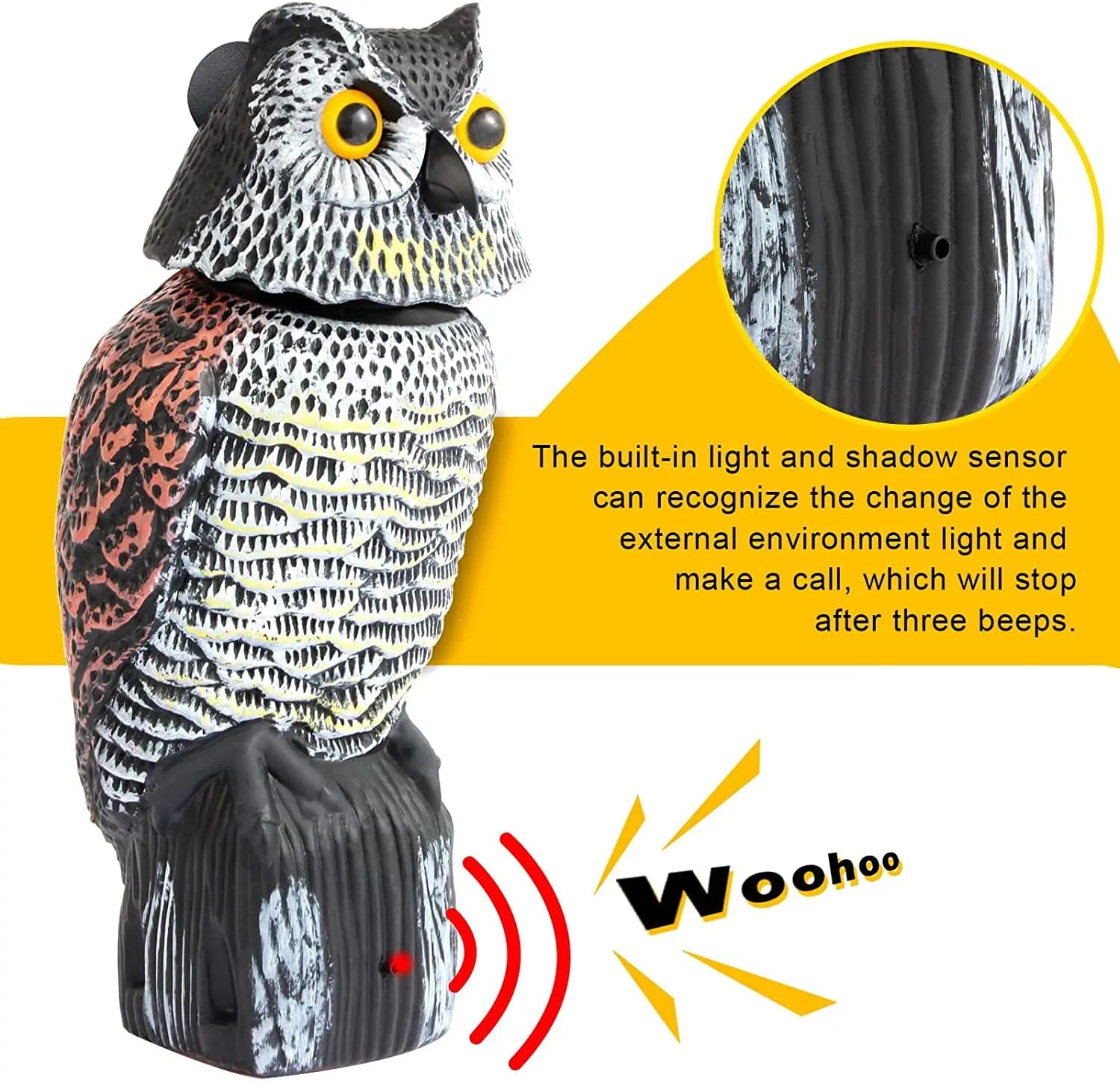 Faux leurre de hibou en plastique, Sculpture d'épouvantail avec tête rotative et son pour jardin, co