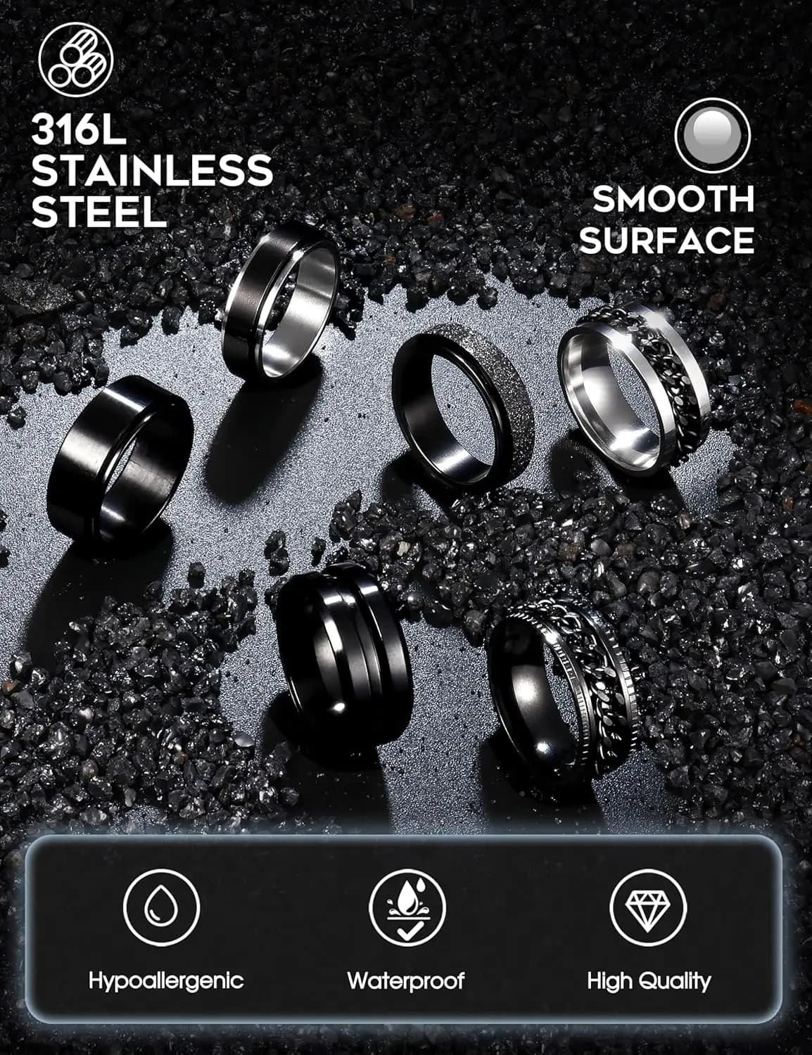 Bobisty 6 pièces anneaux Spinner noirs pour hommes femmes en acier inoxydable Fidget anxiété anti-St