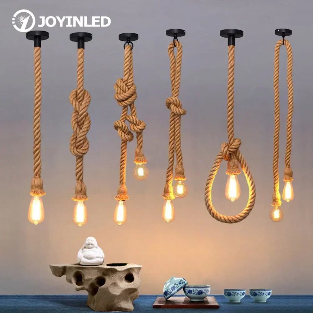 Industriel E27 Vintage chanvre corde pendentif lumières grenier personnalité éclairages intérieurs p