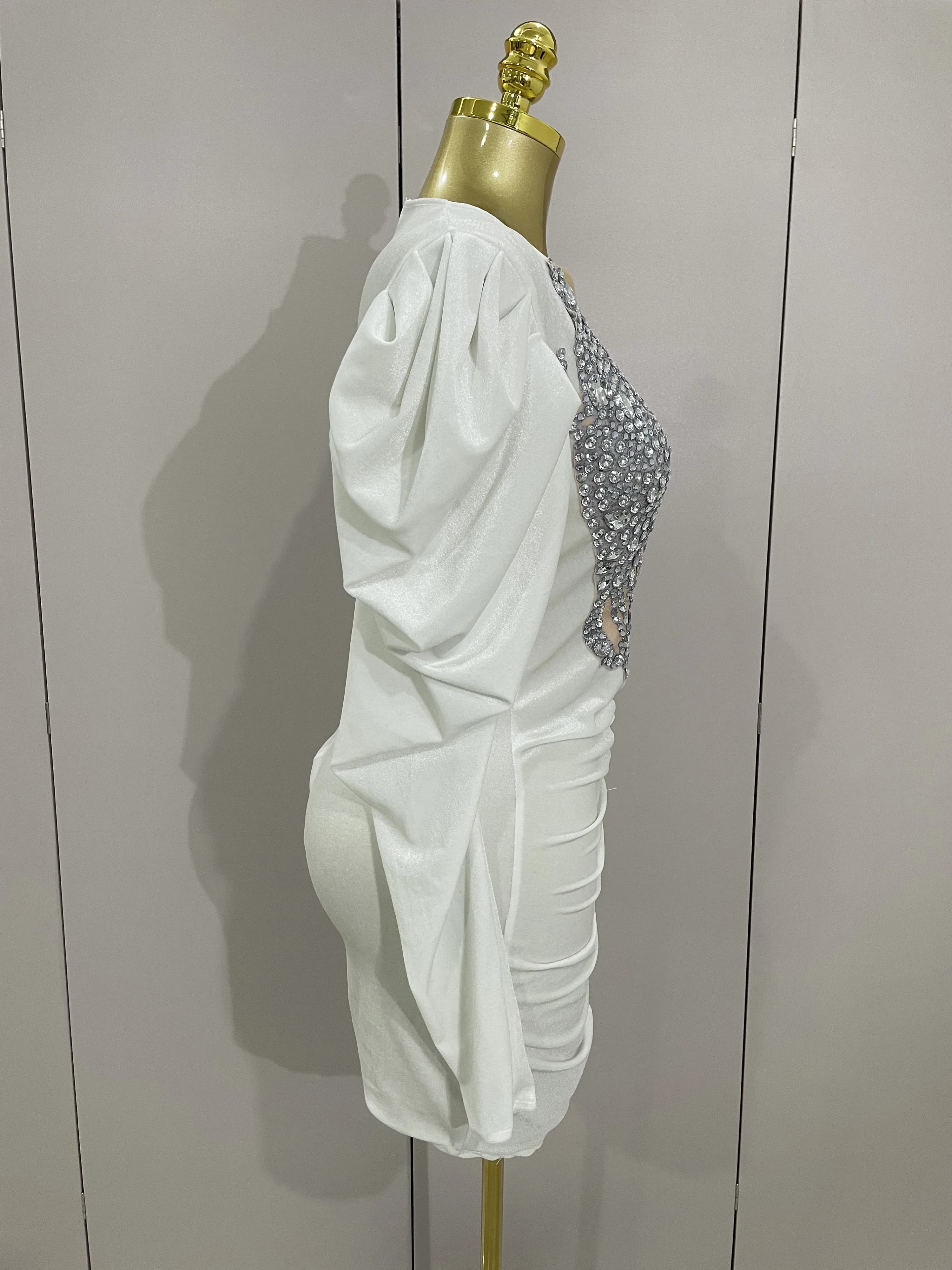 Robe courte de luxe en velours blanc pour femmes, cristaux scintillants, maille Sexy, élégante, robe