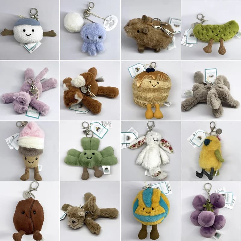 JELLYCAT Porte-clés en peluche ballon de golf, porte-clés en peluche raisin, peluche méduse, hippopo
