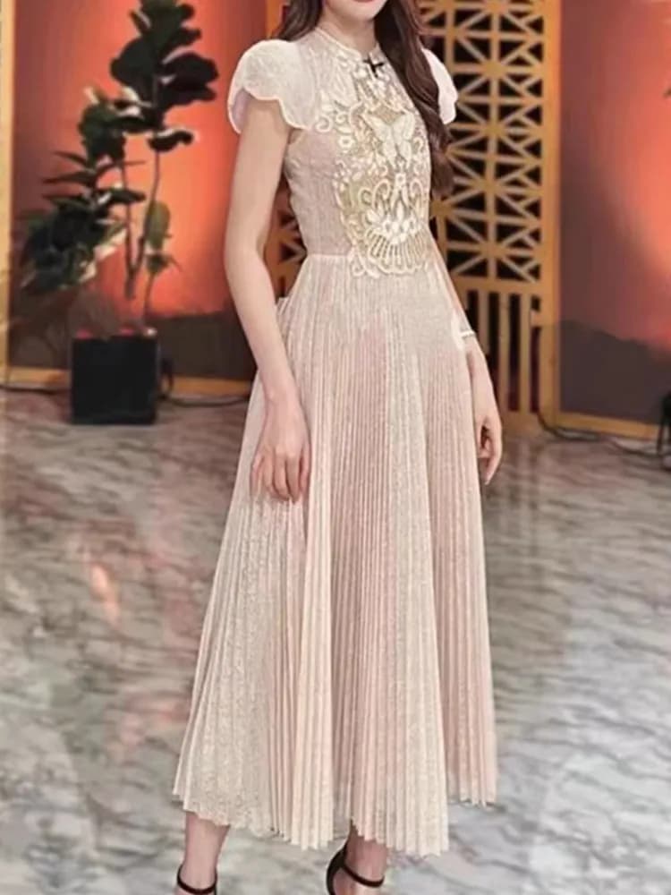 Robe brodée en dentelle évidée pour femme, manches courtes, patchwork, taille fine, longue, robe édu