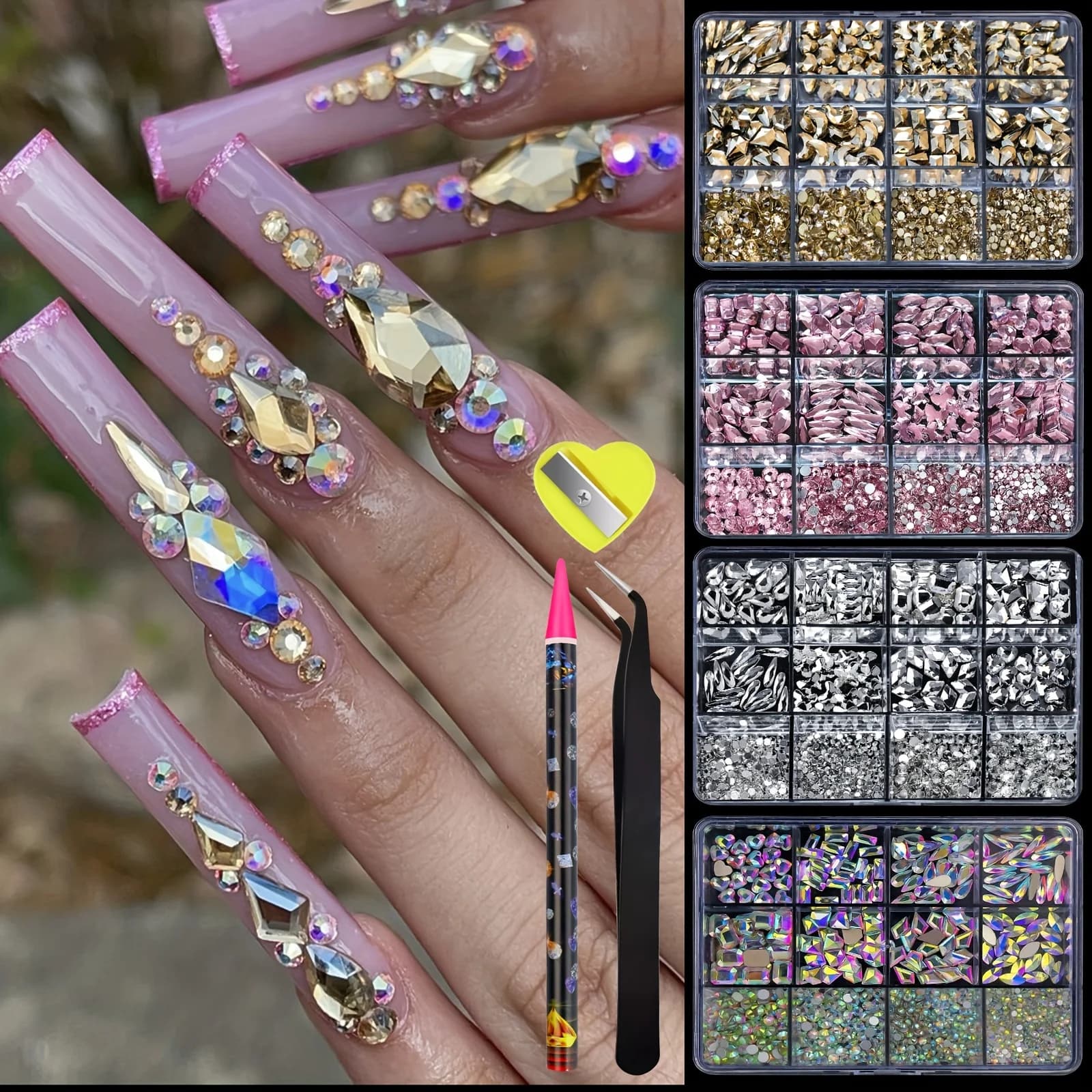 Ensemble de biscuits rose AB pour la décoration des ongles, 12 grilles, dos plat et prothèses assort