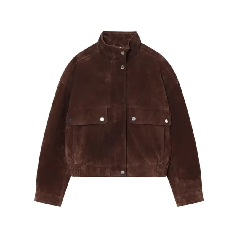 Femmes veste en cuir suédé avec poches automne mode col haut à manches longues bouton veste dame man