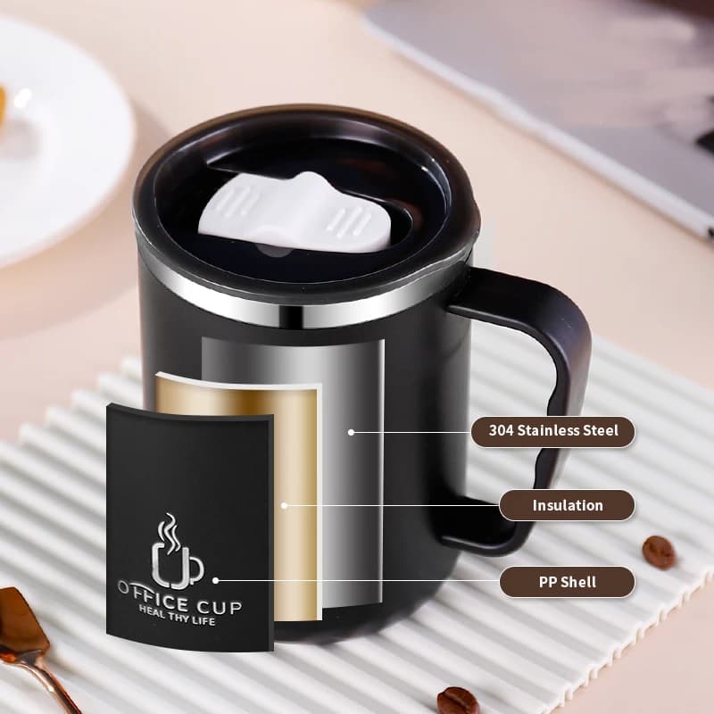 Tasse à café à double couche en acier inoxydable 500 avec couvercle et poignée en plastique, bouteil