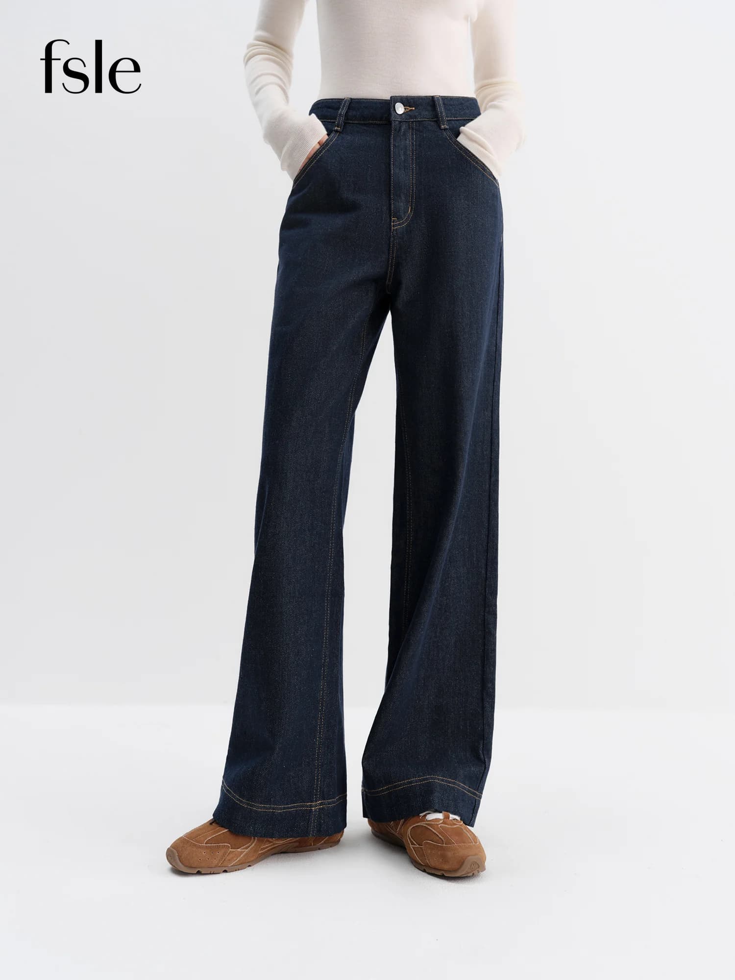 FSLE jean droit taille haute pour femmes hiver solide Simple tout-match 2025 nouveau pantalon polyva