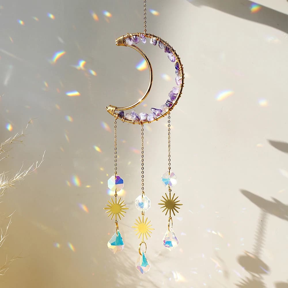 Améthyste Suncatcher lune cristal pierre précieuse Windchime Sun Catcher décor à la maison arc-en-ci