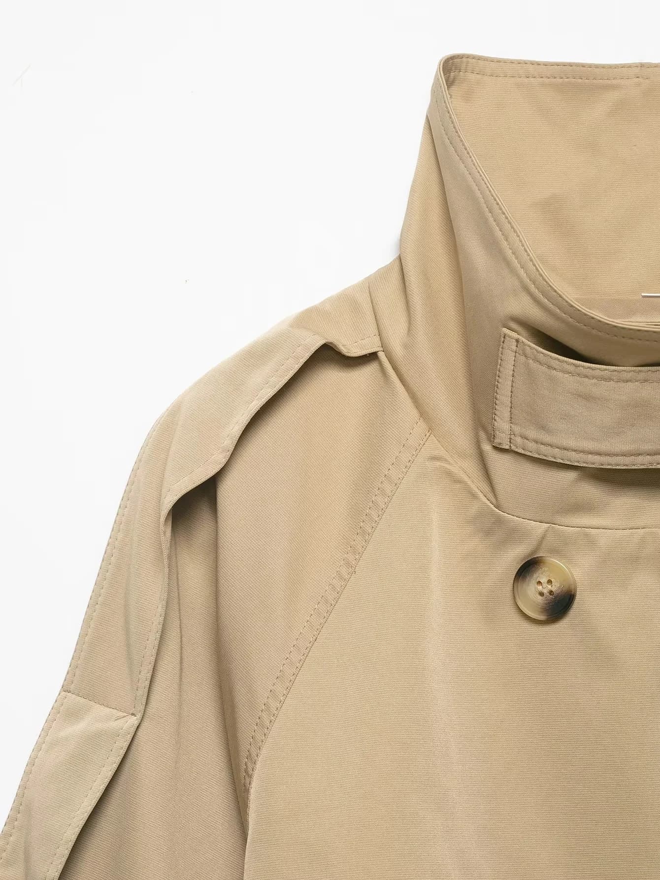 KONDALA Manteau Trench Chic Vintage pour Femme, Kaki Uni, Col Montant, Double Boutonnage, Ceinture à