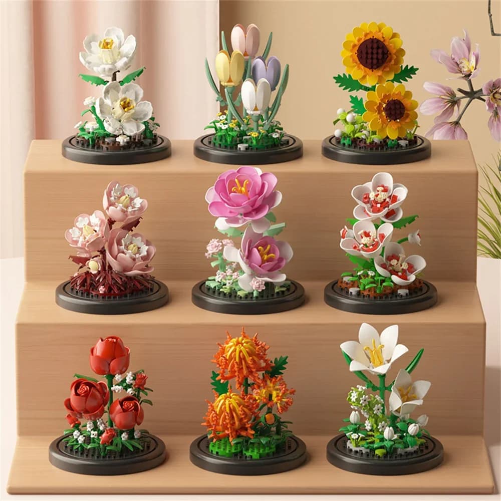 Bouquet de fleurs éternelles, bonsaï, plante en pot, Micro blocs de construction, modèle de décorati