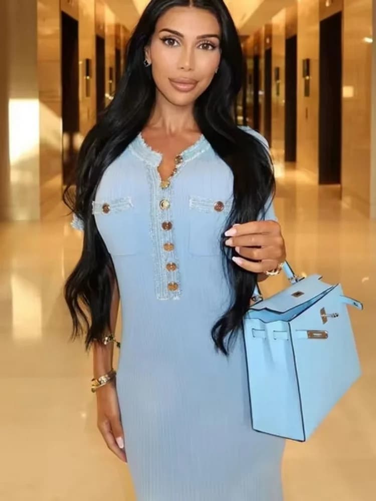 Robe longue élégante en maille contrastante pour femme, chic, col rond, manches courtes, boutons mét