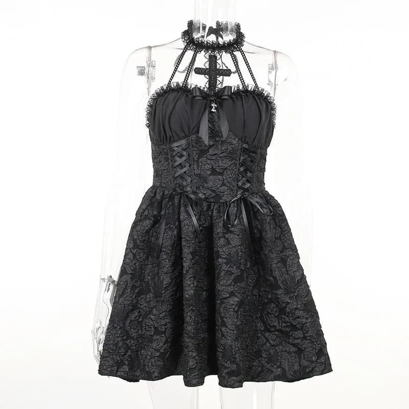 Mini robe gothique noire vintage pour femmes, robes taille haute, bretelles spaghetti sexy, punk gru