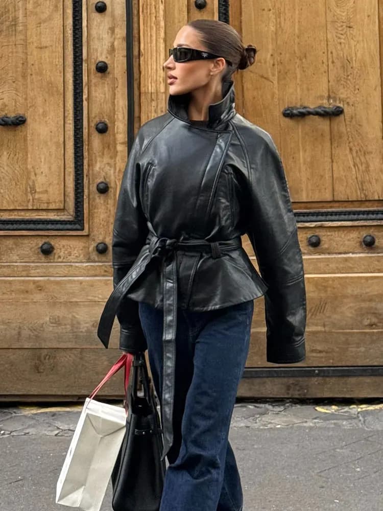 HH femmes Vintage moto veste avec ceinture Faux cuir Trench manteau à manches longues revers veste à