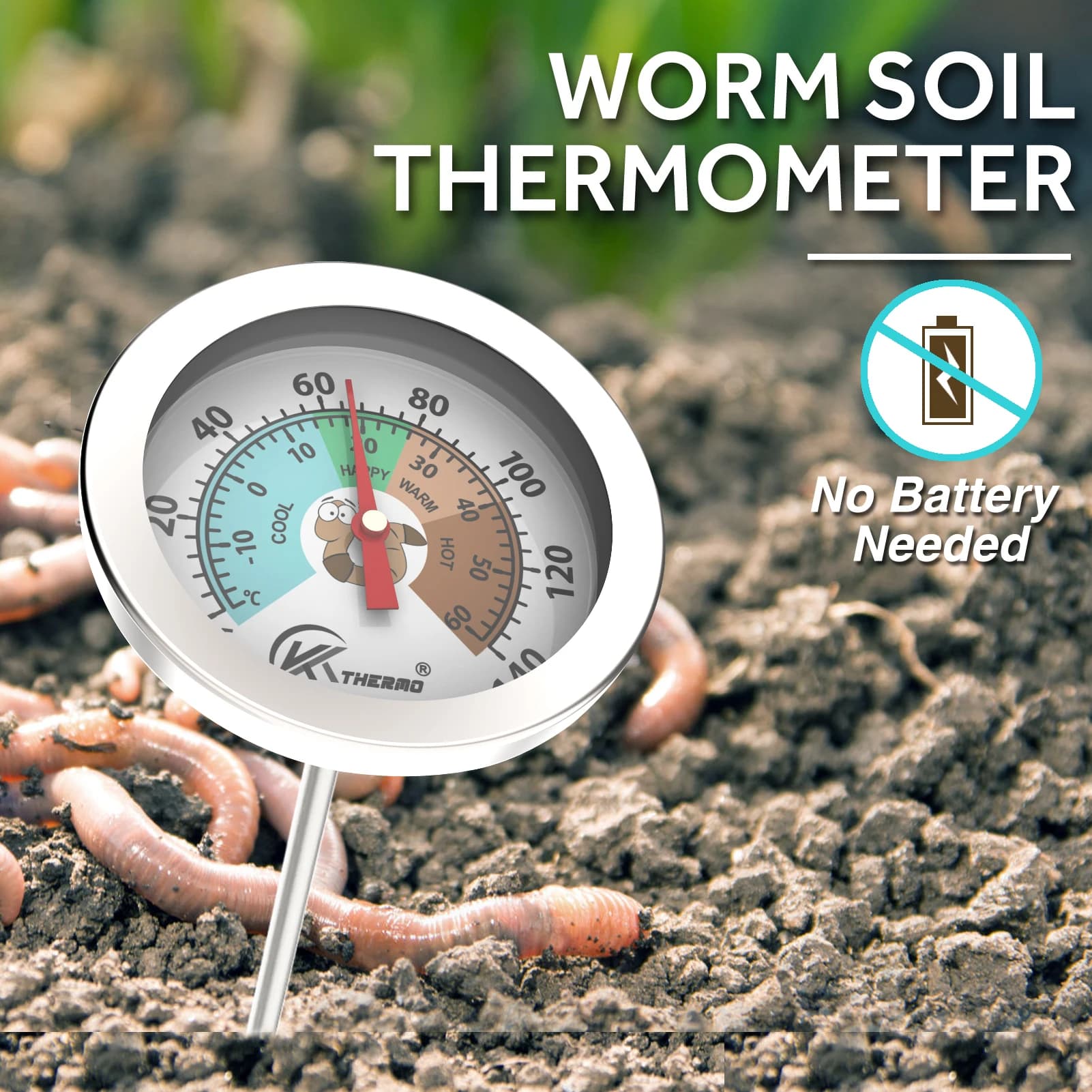 Thermomètre de sol pour compost et jardin – Sans batterie, sonde en acier inoxydable, cadran de 8 po