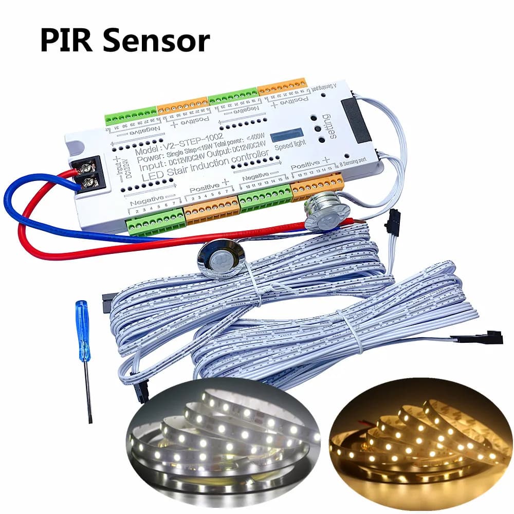 Bande lumineuse LED avec capteur de mouvement PIR pour escaliers, 12V, SMD 5050, blanc/blanc chaud, 