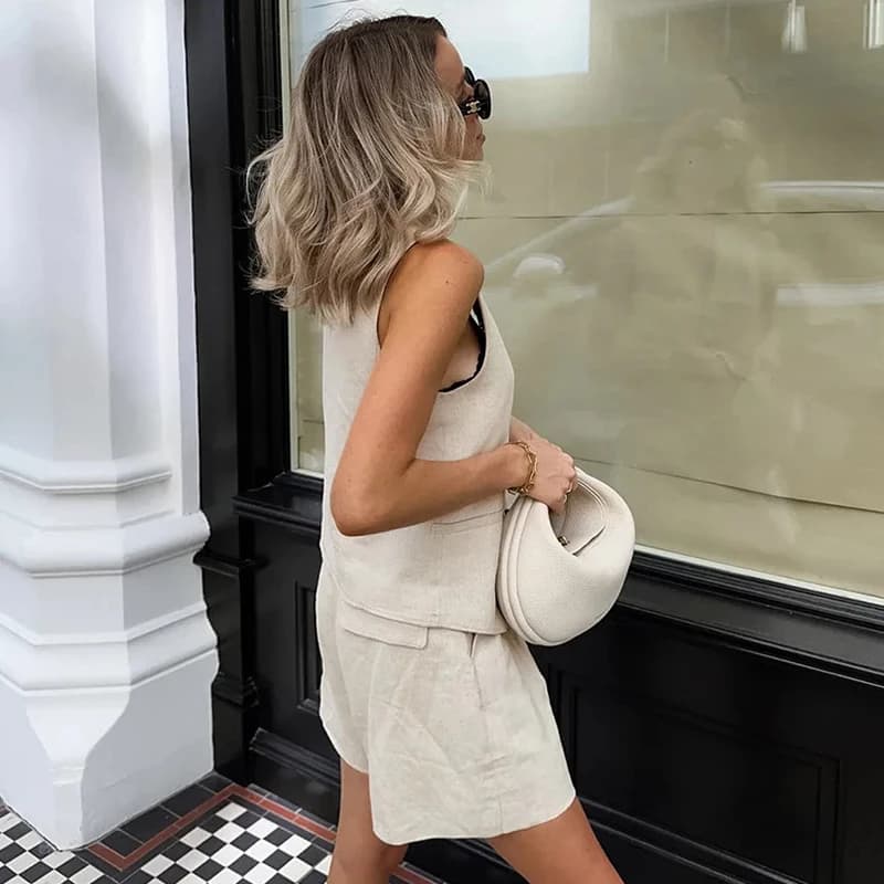 Ensemble de survêtement rétro en coton et lin pour femme, deux pièces, gilet chic à boutons + ensemb