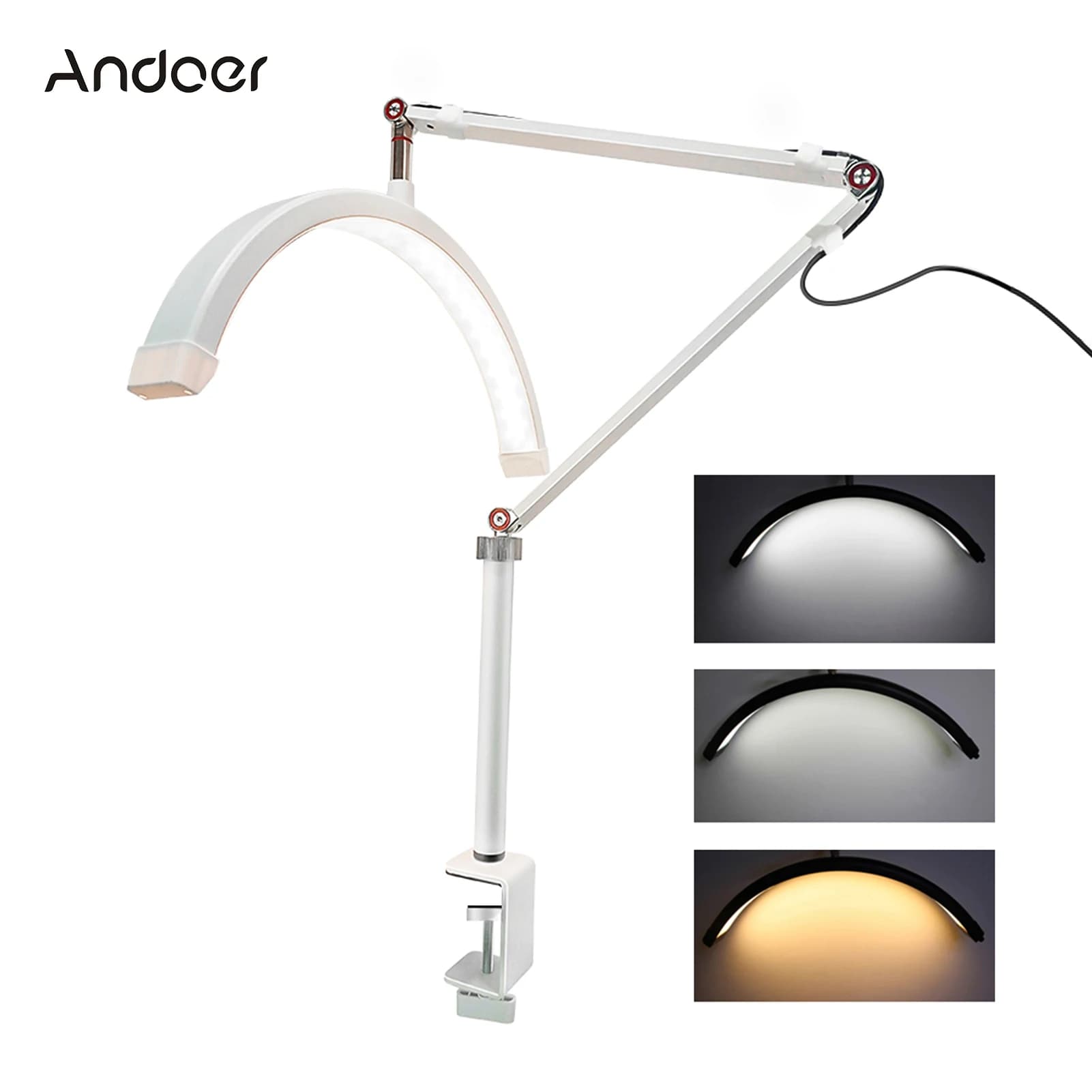 Andoer HD-M3X LED lumière vidéo demi-lune en forme d'anneau de bureau 3000K-6000K réglable pour Salo