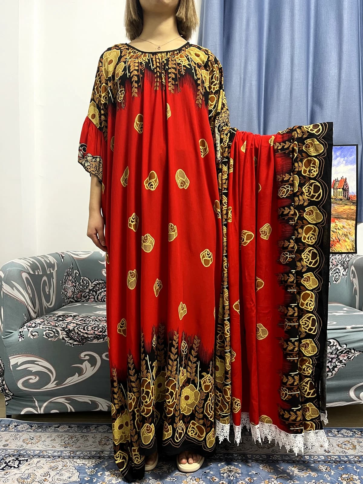 Robe africaine à col rond avec grande écharpe en dentelle pour femmes, robes musulmanes, Abayas Djel