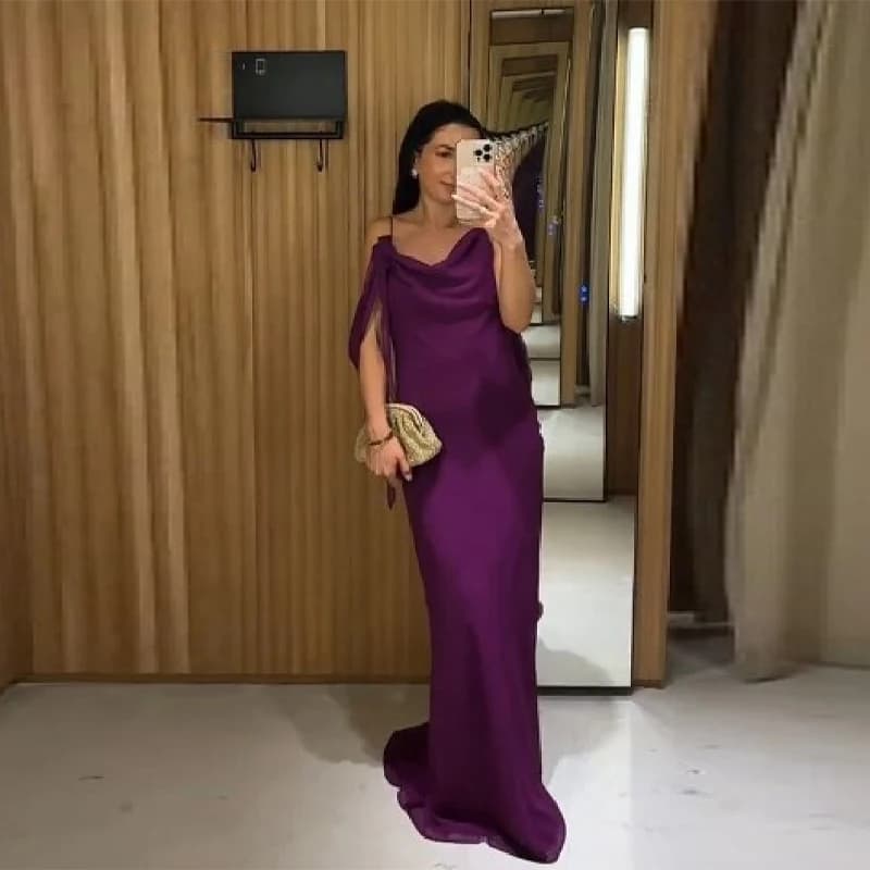 Robe longue en mousseline violette pour femme, collection été 2026, avec bretelles spaghetti, col dr