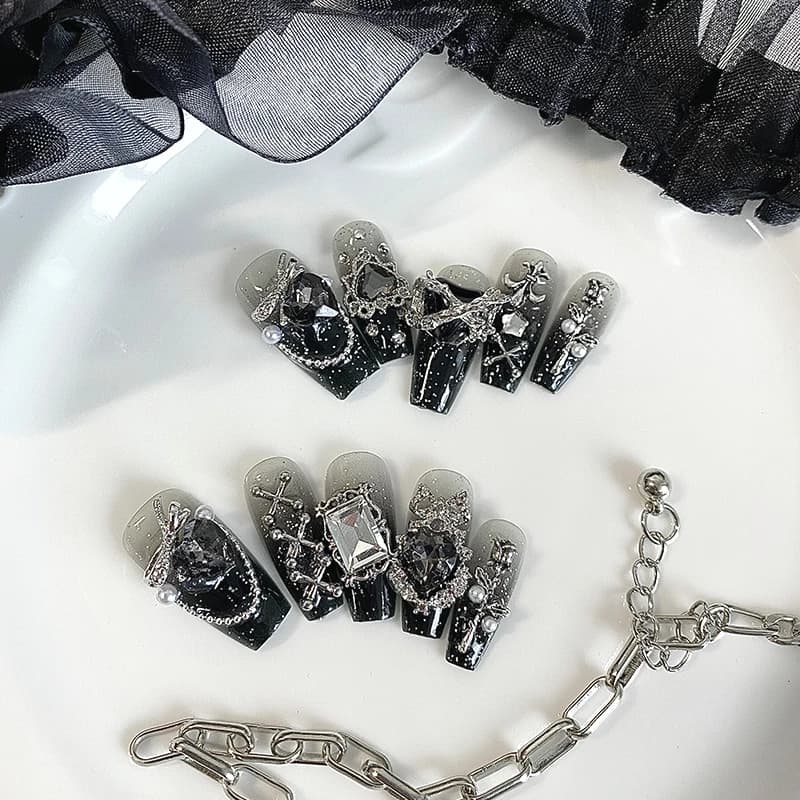 10 pièces d'ongles en forme de cercueil faits à la main, beaux faux ongles, nail art gothique foncé,