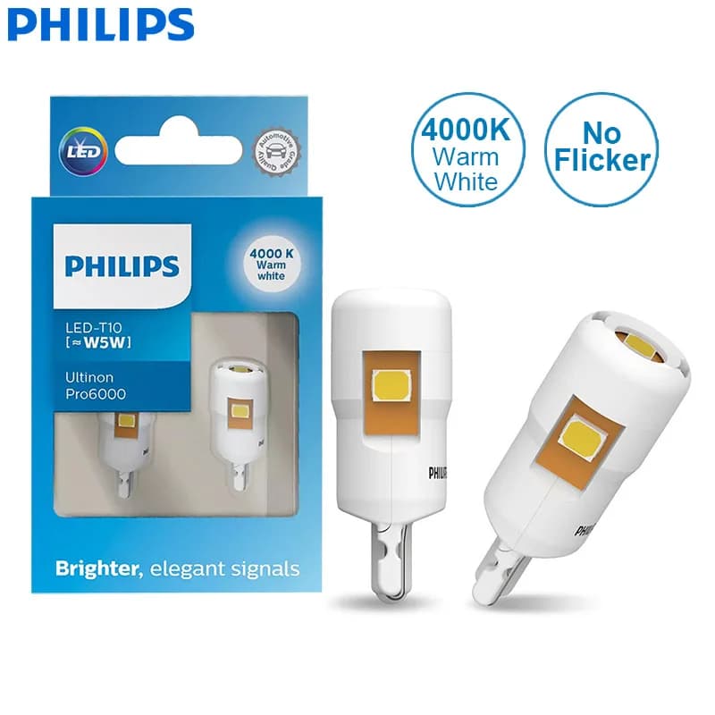 Philips-Clignotant LED T10 W5W Ultinon Pro6000 4000K 6000K, Blanc Brcorporelle, Lampes Intérieures d