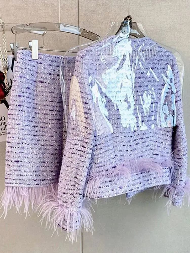 Violets élégants en tweed pour femmes, veste à pompon perlé en plumes à simple boutonnage, short tai