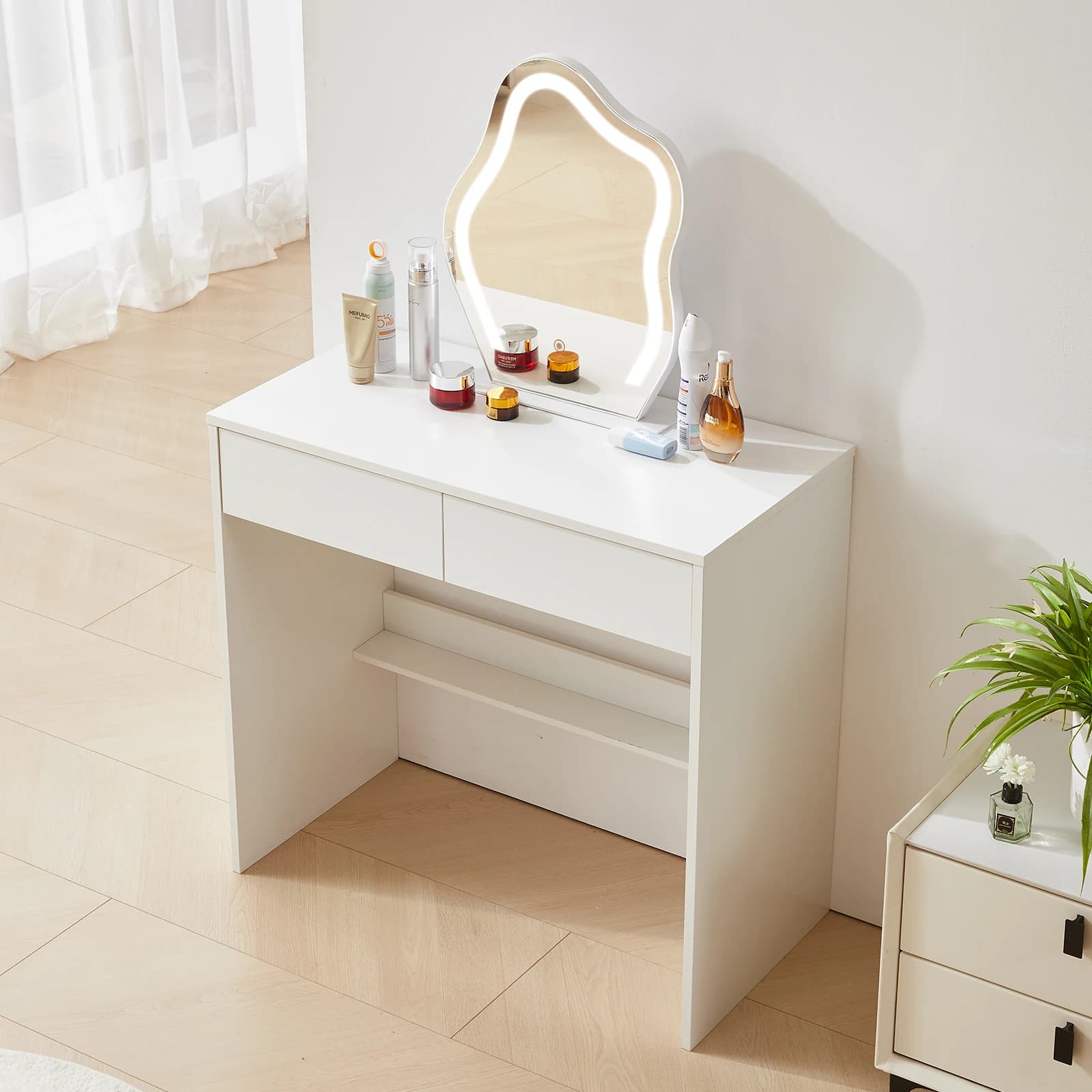 Ensemble de commode avec miroir et bande lumineuse, commode de maquillage blanche avec 2 portes de p