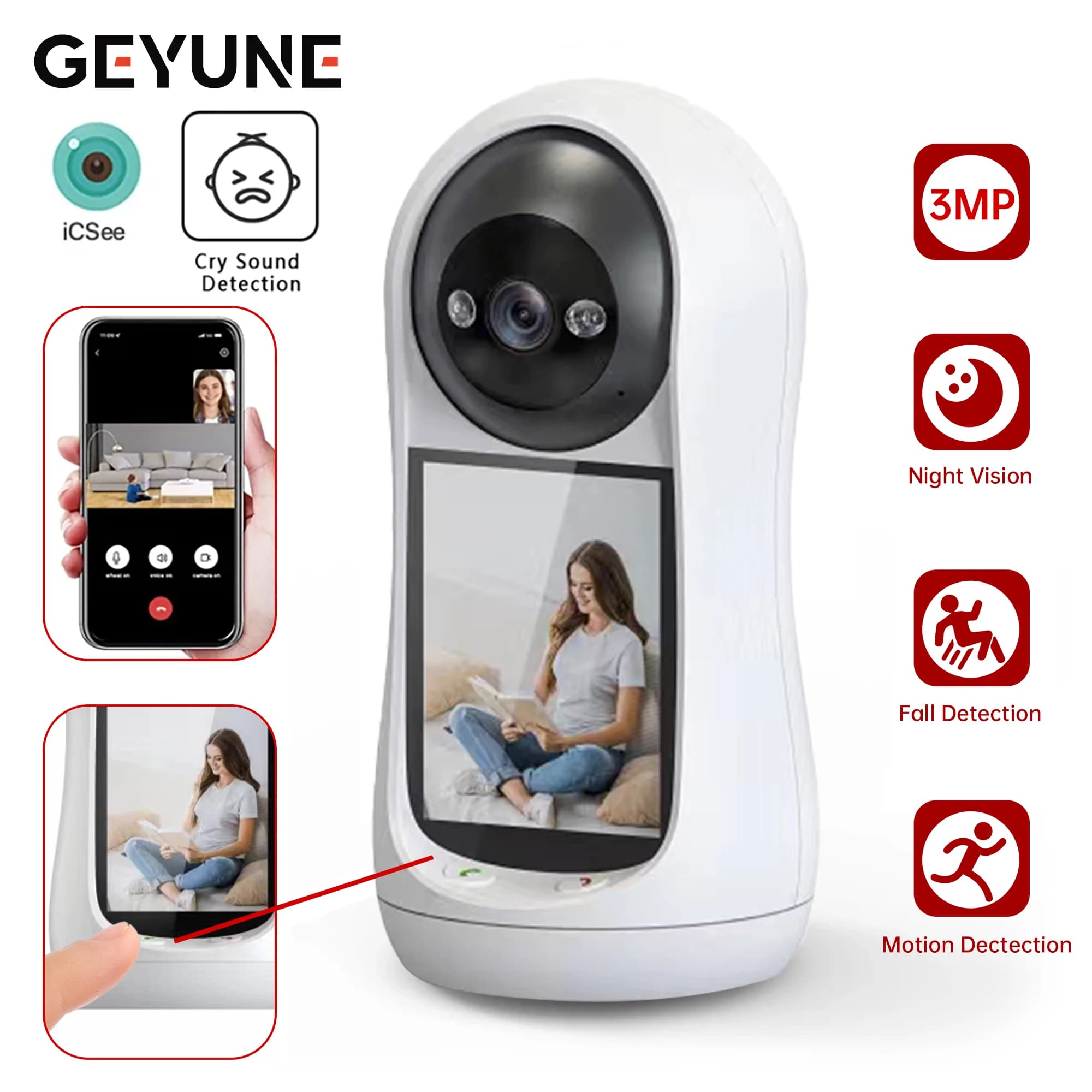Caméra de surveillance intelligente Icsee, Wi-Fi, 2K, 3MP, écran IPS 2.8 ", suivi humain, audio bidi