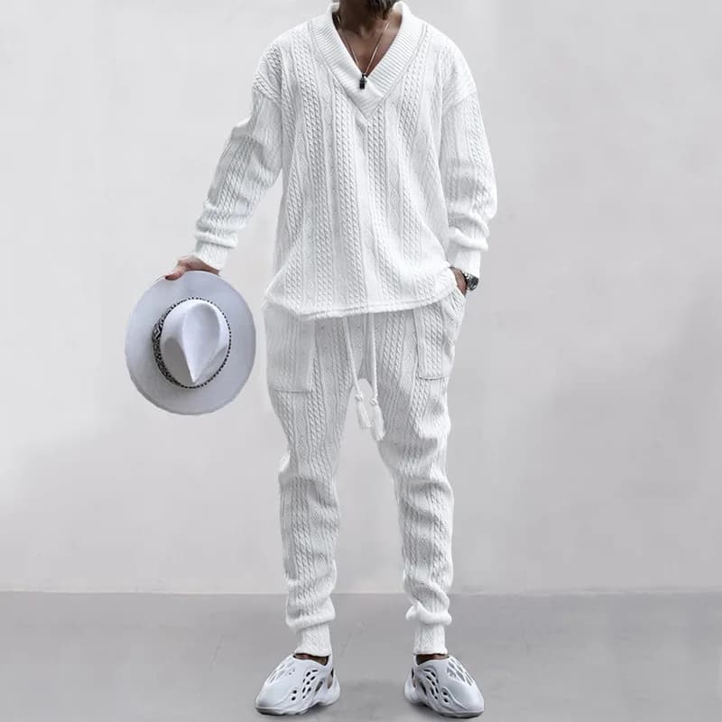 Ensemble pull tricoté en Jacquard polyvalent pour hommes, pantalon décontracté, col en v, nouvelle c
